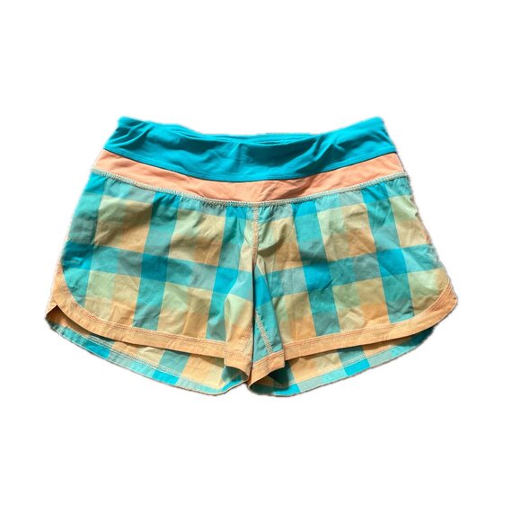 Lululemon running shorts, NEON turquoise, yellow, and orange checkered pattern - Picture 1 of 5